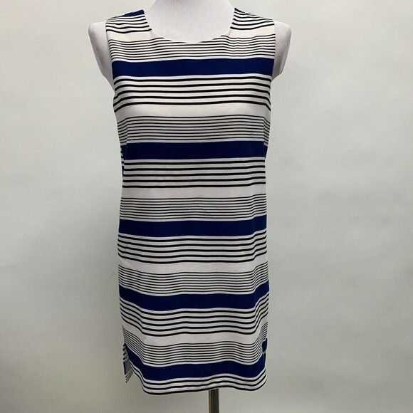 Sans Souci Women's Top Small Striped Multicolor Blue White Black Sleeveless - Picture 1 of 7